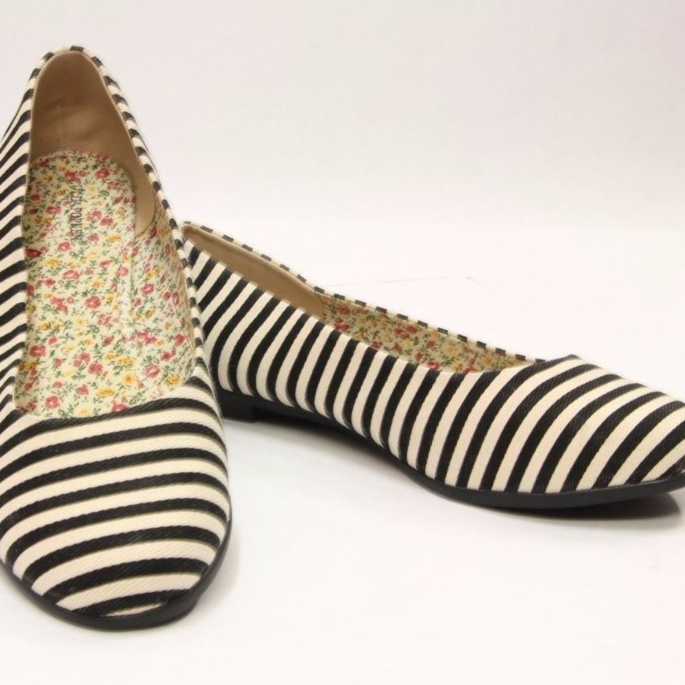 Ulla Popken Black and White Striped Canvas Flats